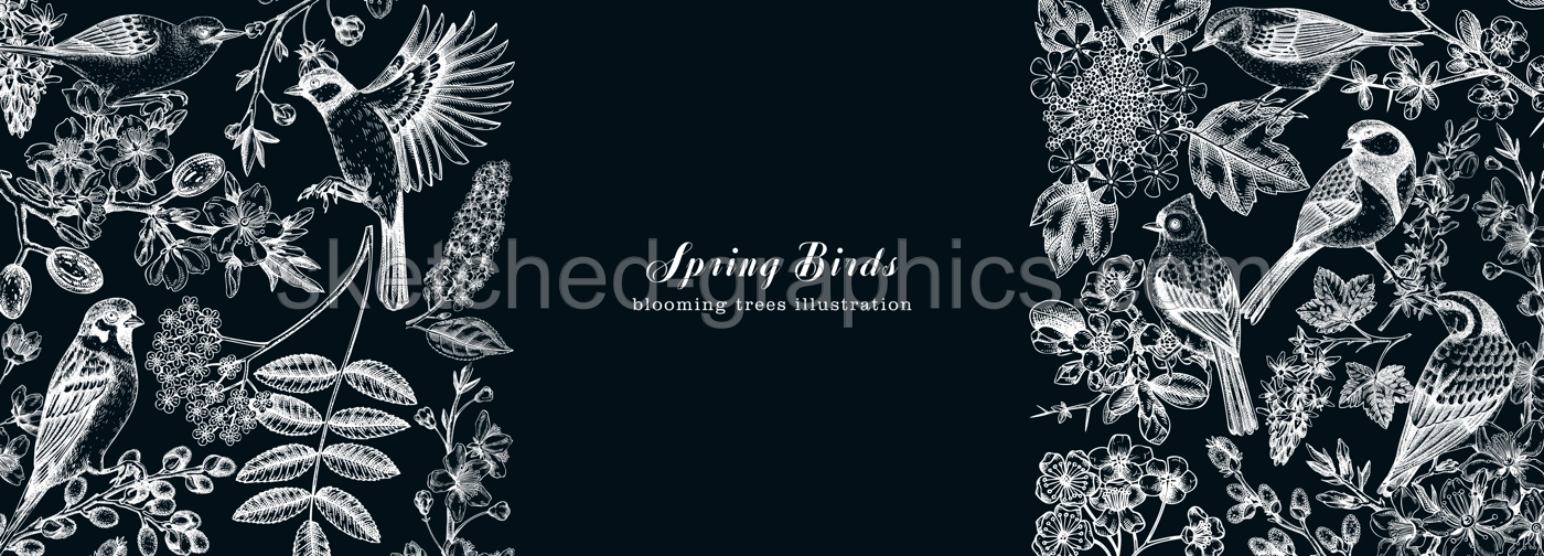 Spring garden banner designs. Vector background with birds, flowers, blooming tree branches in sketched style. Almond, willow, rowan, willow, cherry blossom. Hand drawn floral sketch on chalkboard Illustration